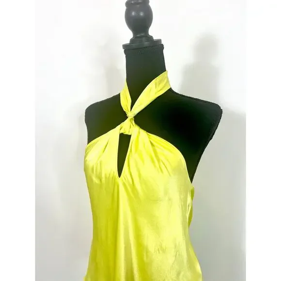 Rails Kimia Tank Top in Chartreuse Large Satin Halter Sleeveless Keyhole Silk